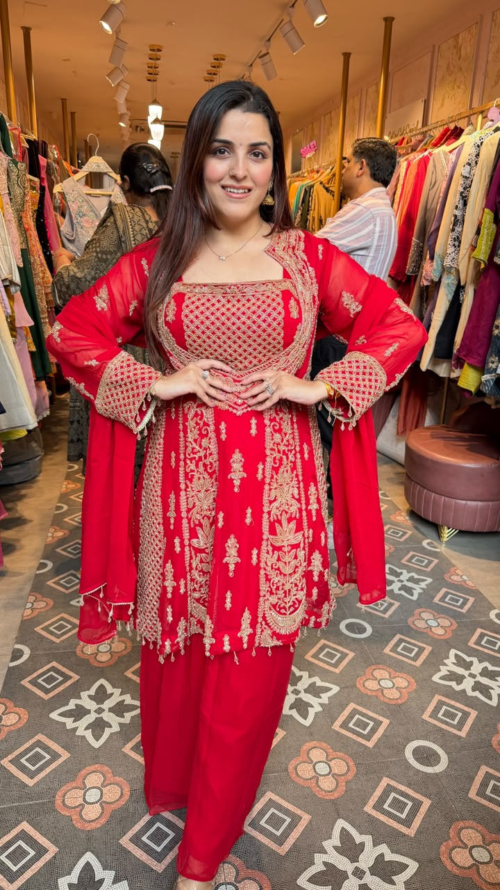 Red Embroidered Angrakha Short Style Kurta Sharara Set