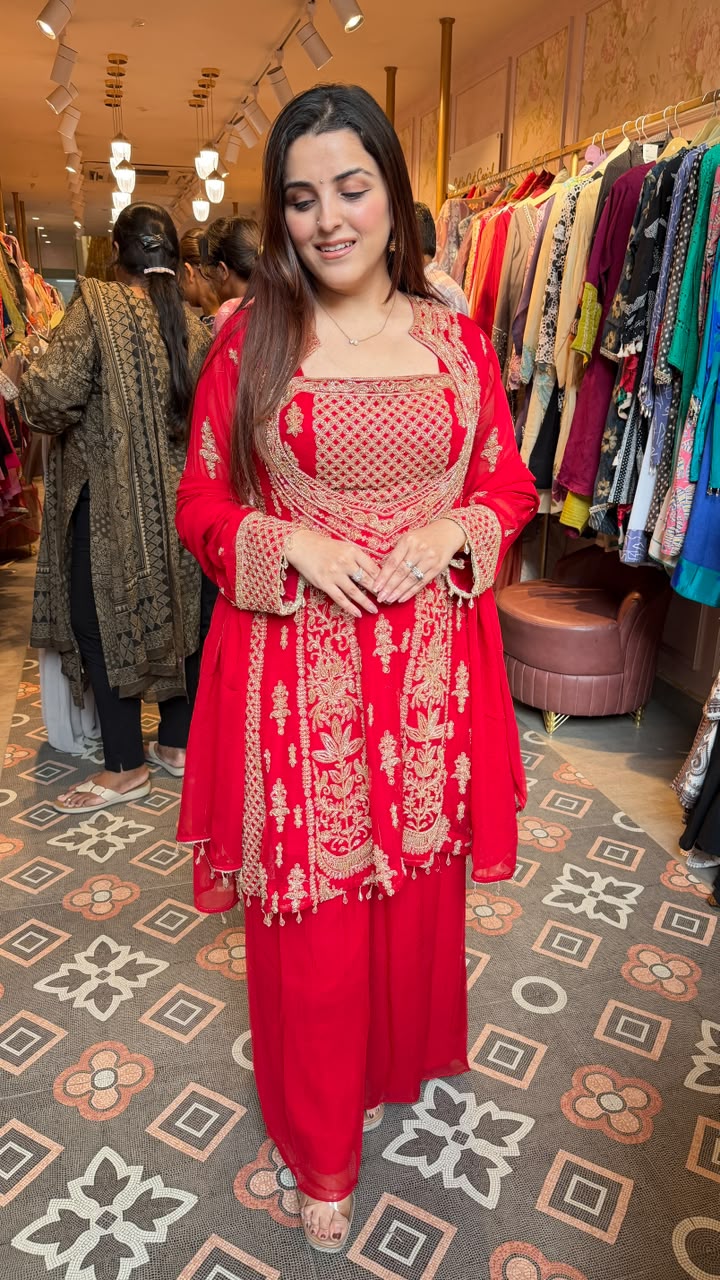 Red Embroidered Angrakha Short Style Kurta Sharara Set