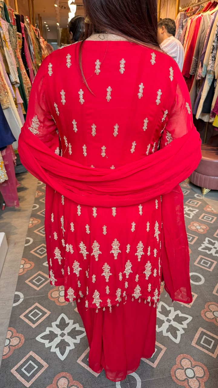Red Embroidered Angrakha Short Style Kurta Sharara Set