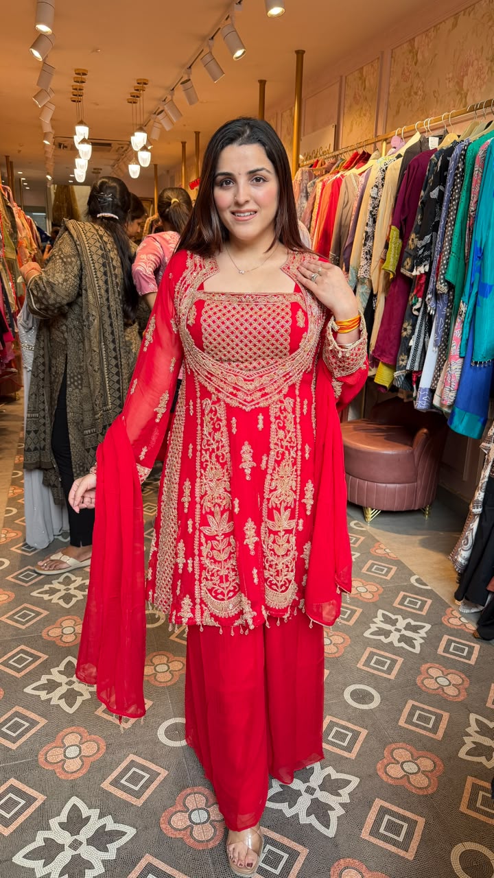Red Embroidered Angrakha Short Style Kurta Sharara Set