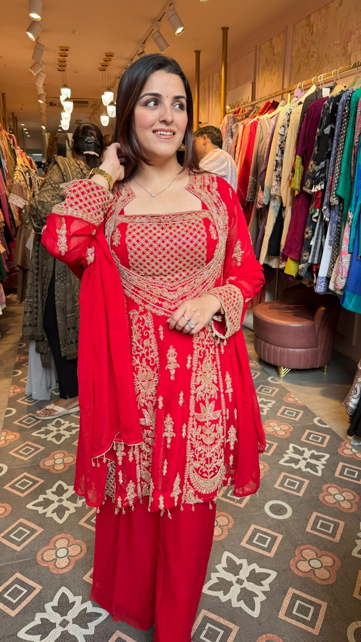 Red Embroidered Angrakha Short Style Kurta Sharara Set