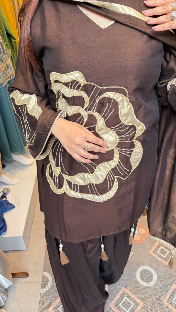 Chocolate Brown Floral Appliqué Punjabi Suit with Patiala Pants