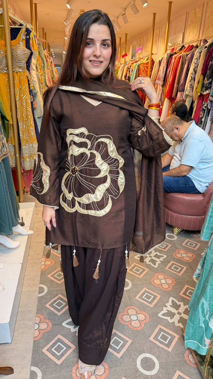 Chocolate Brown Floral Appliqué Punjabi Suit with Patiala Pants