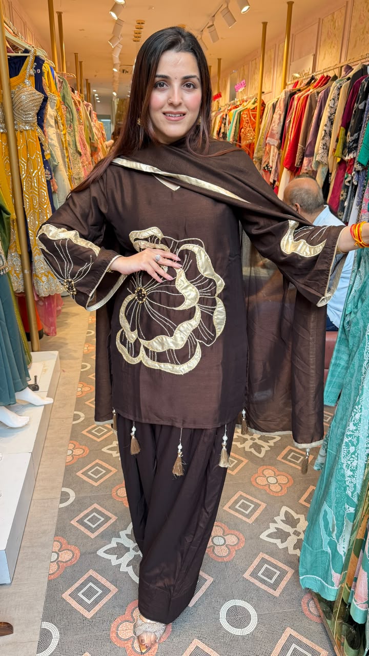 Chocolate Brown Floral Appliqué Punjabi Suit with Patiala Pants