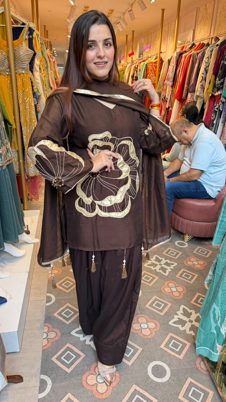 Chocolate Brown Floral Appliqué Punjabi Suit with Patiala Pants
