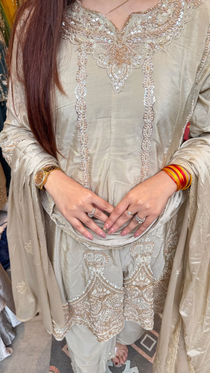 Ivory Embroidered Punjabi Suit with Palazzo Pants & Dupatta