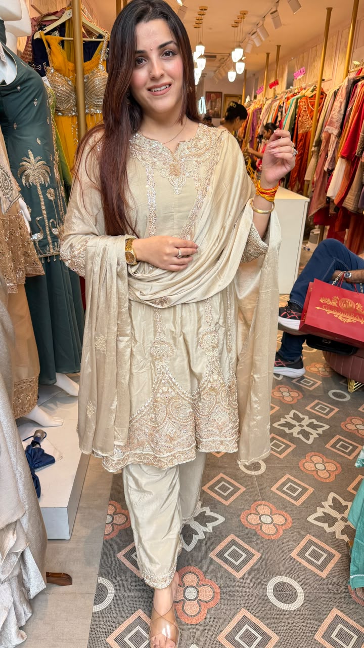 Ivory Embroidered Punjabi Suit with Palazzo Pants & Dupatta