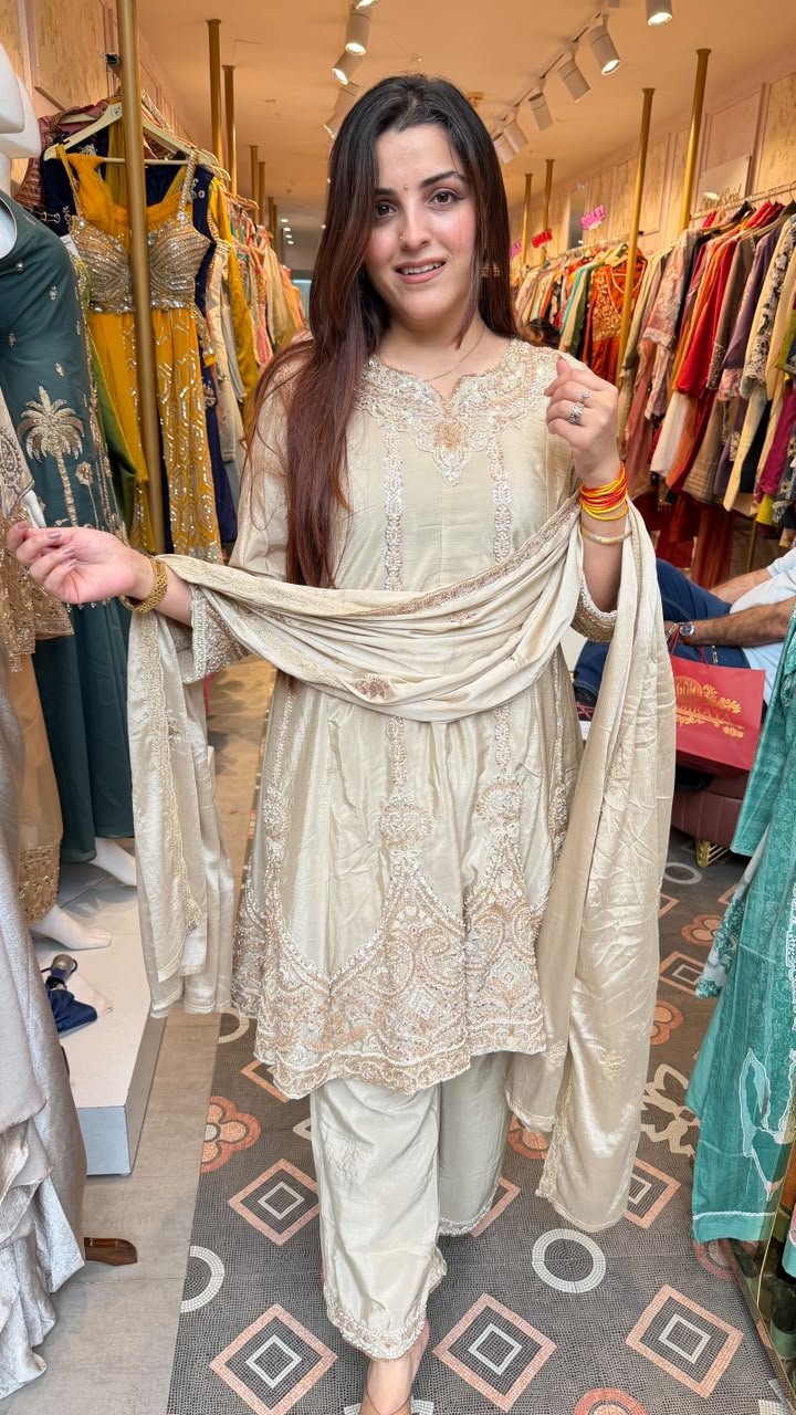 Ivory Embroidered Punjabi Suit with Palazzo Pants & Dupatta