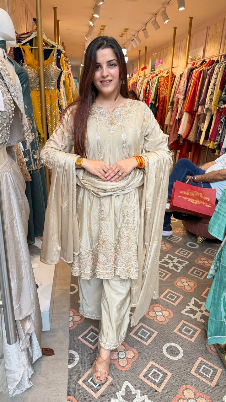 Ivory Embroidered Punjabi Suit with Palazzo Pants & Dupatta