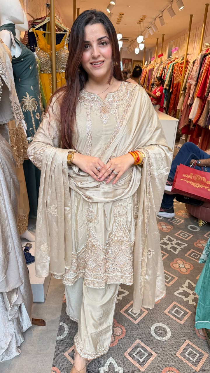 Ivory Embroidered Punjabi Suit with Palazzo Pants & Dupatta