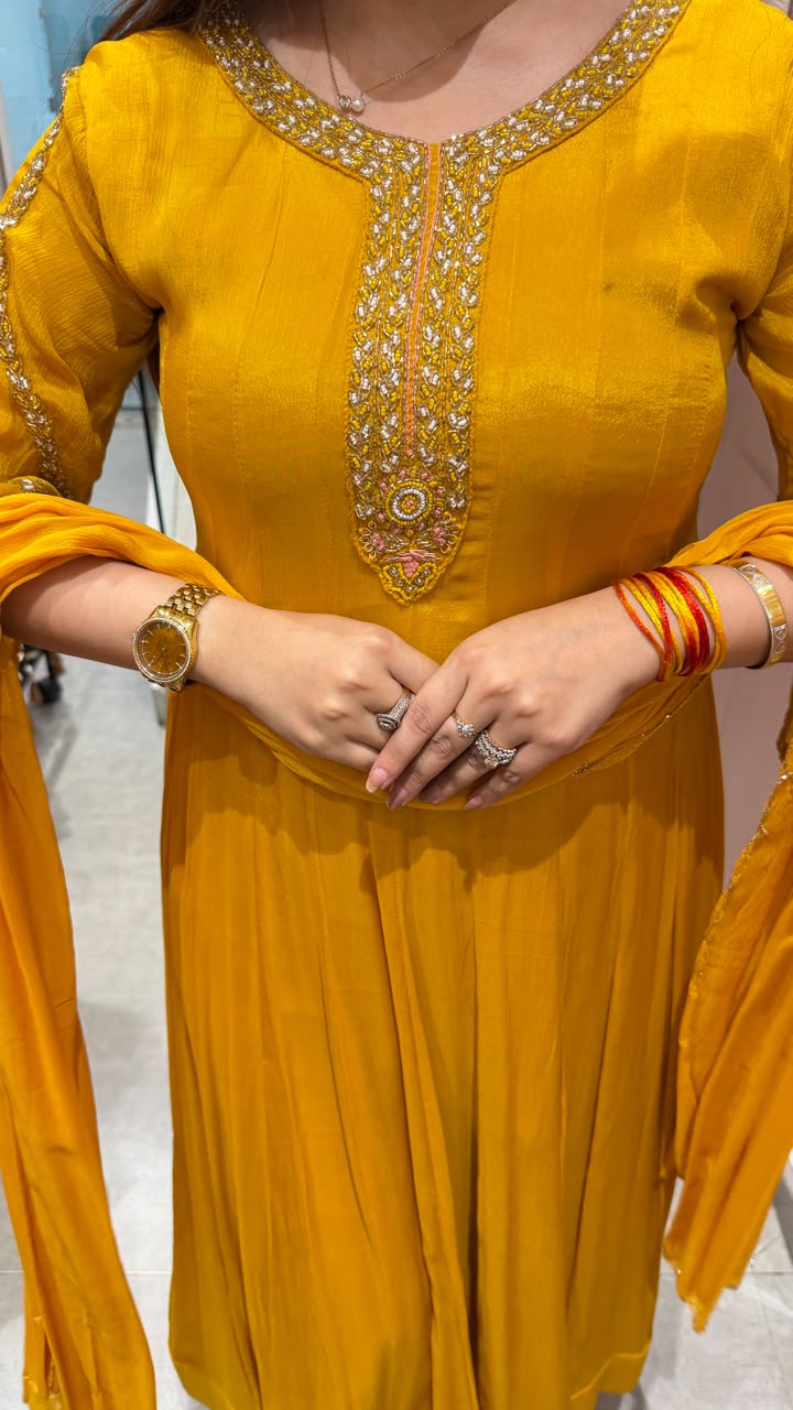 Mustard Yellow Anarkali Suit with Embroidered Neckline