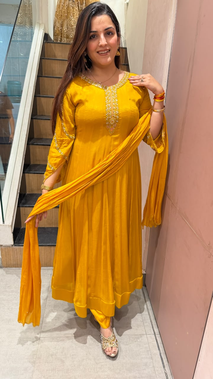 Mustard Yellow Anarkali Suit with Embroidered Neckline