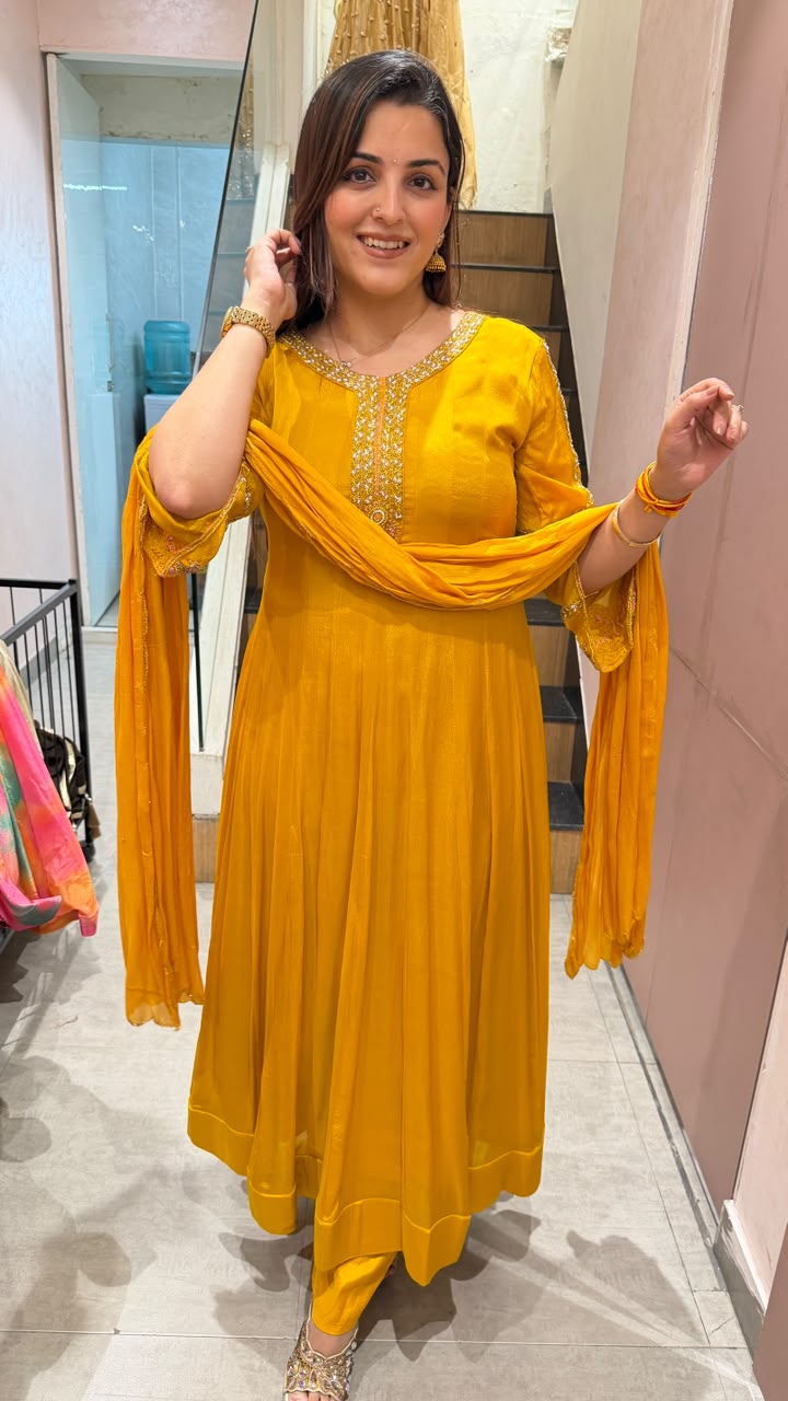 Mustard Yellow Anarkali Suit with Embroidered Neckline