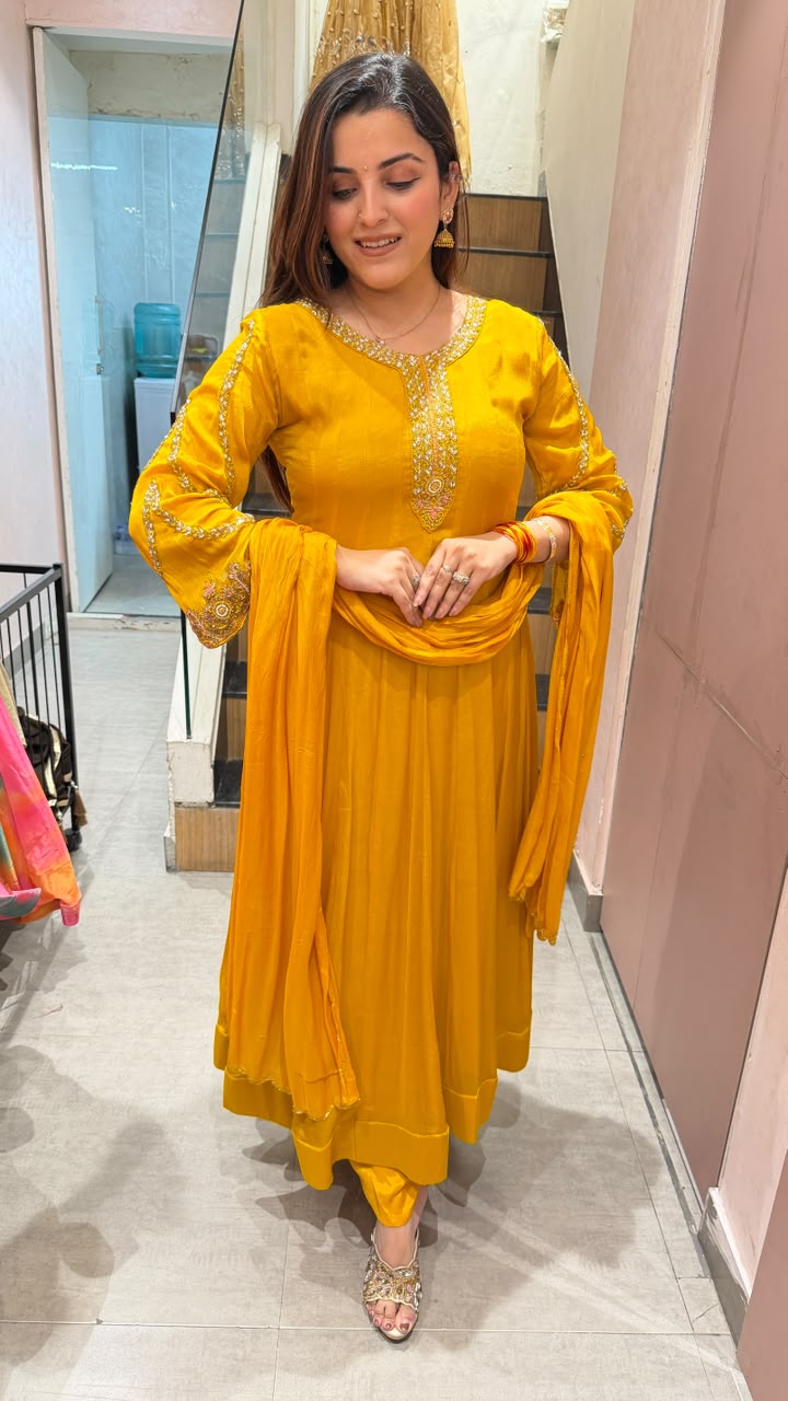Mustard Yellow Anarkali Suit with Embroidered Neckline