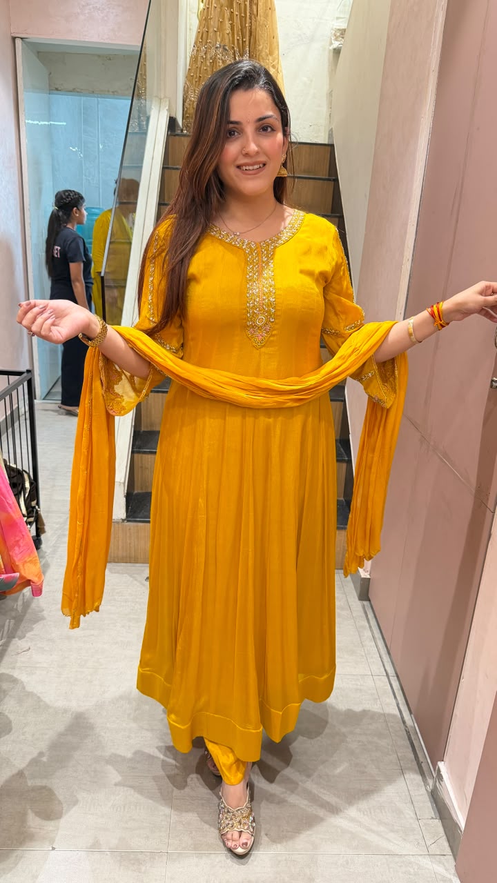 Mustard Yellow Anarkali Suit with Embroidered Neckline