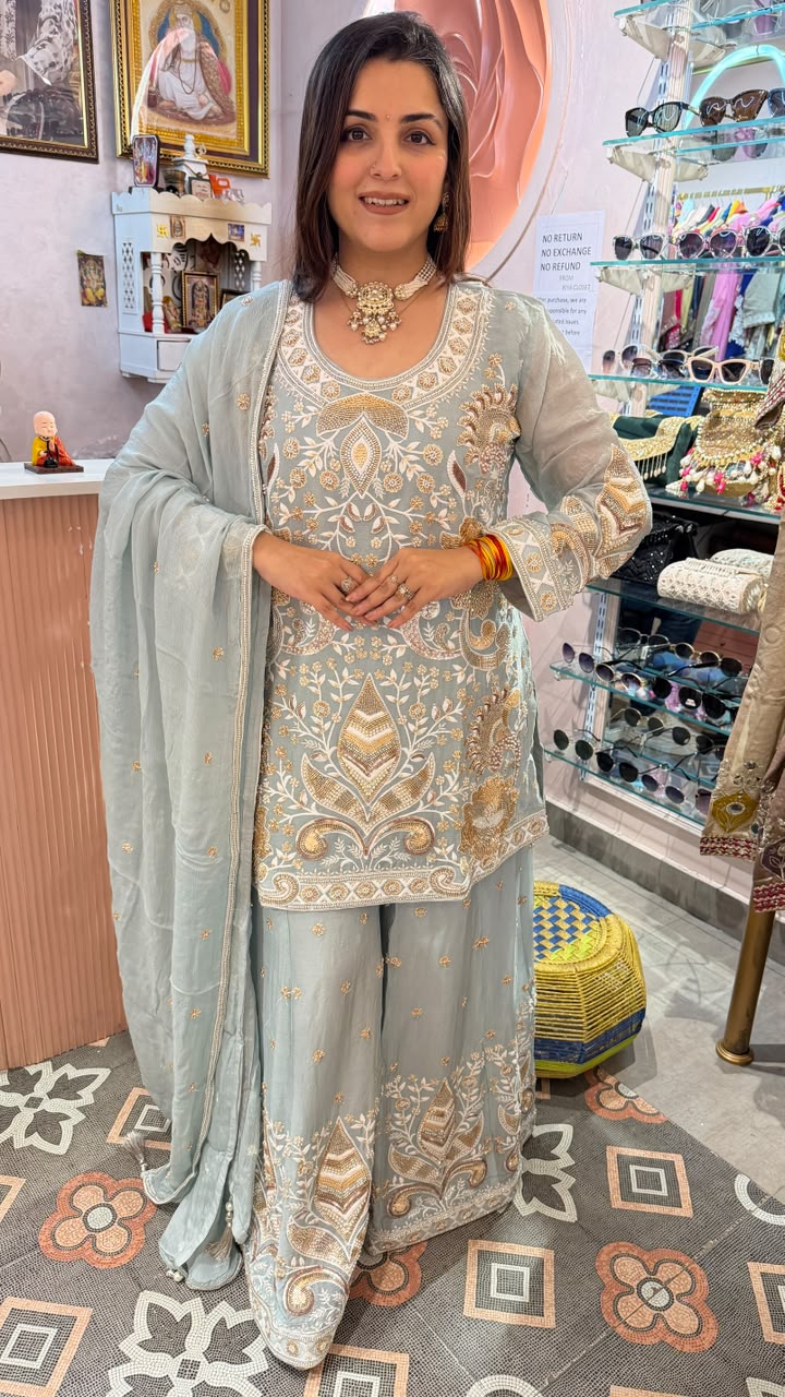Embroidered Chikankari, Zari, or Gota Patti work Palazzo Suit Set