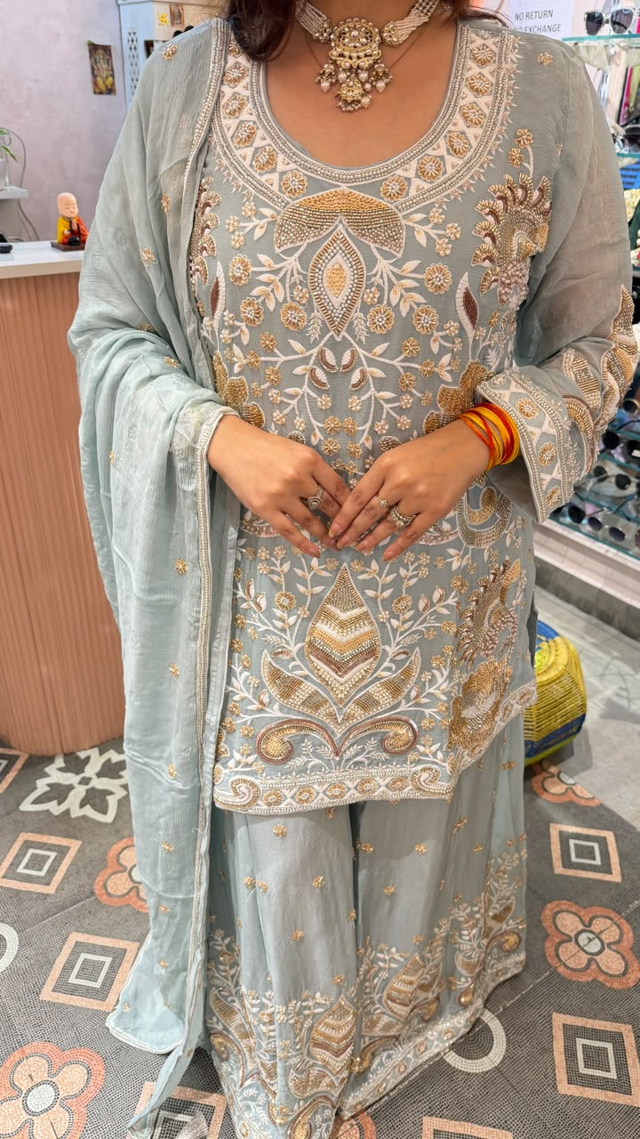Embroidered Chikankari, Zari, or Gota Patti work Palazzo Suit Set