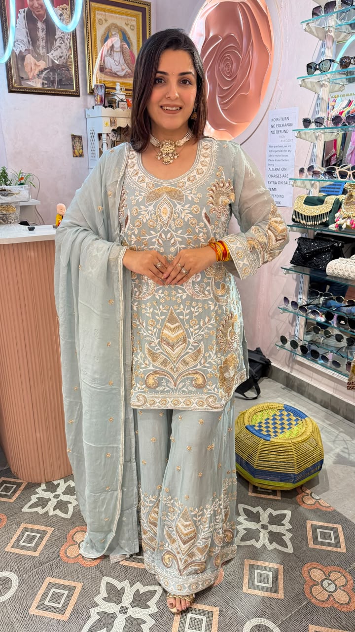 Embroidered Chikankari, Zari, or Gota Patti work Palazzo Suit Set