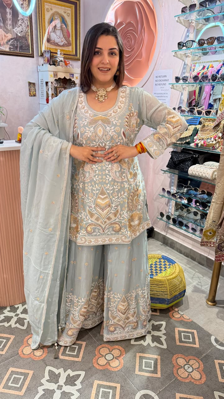 Embroidered Chikankari, Zari, or Gota Patti work Palazzo Suit Set