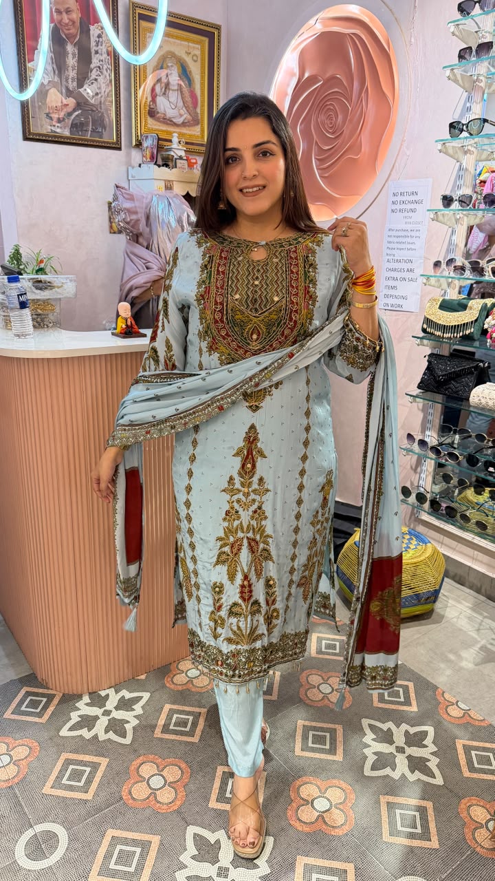 Rust Orange Printed & Embroidered Kurta Set with  Dupatta