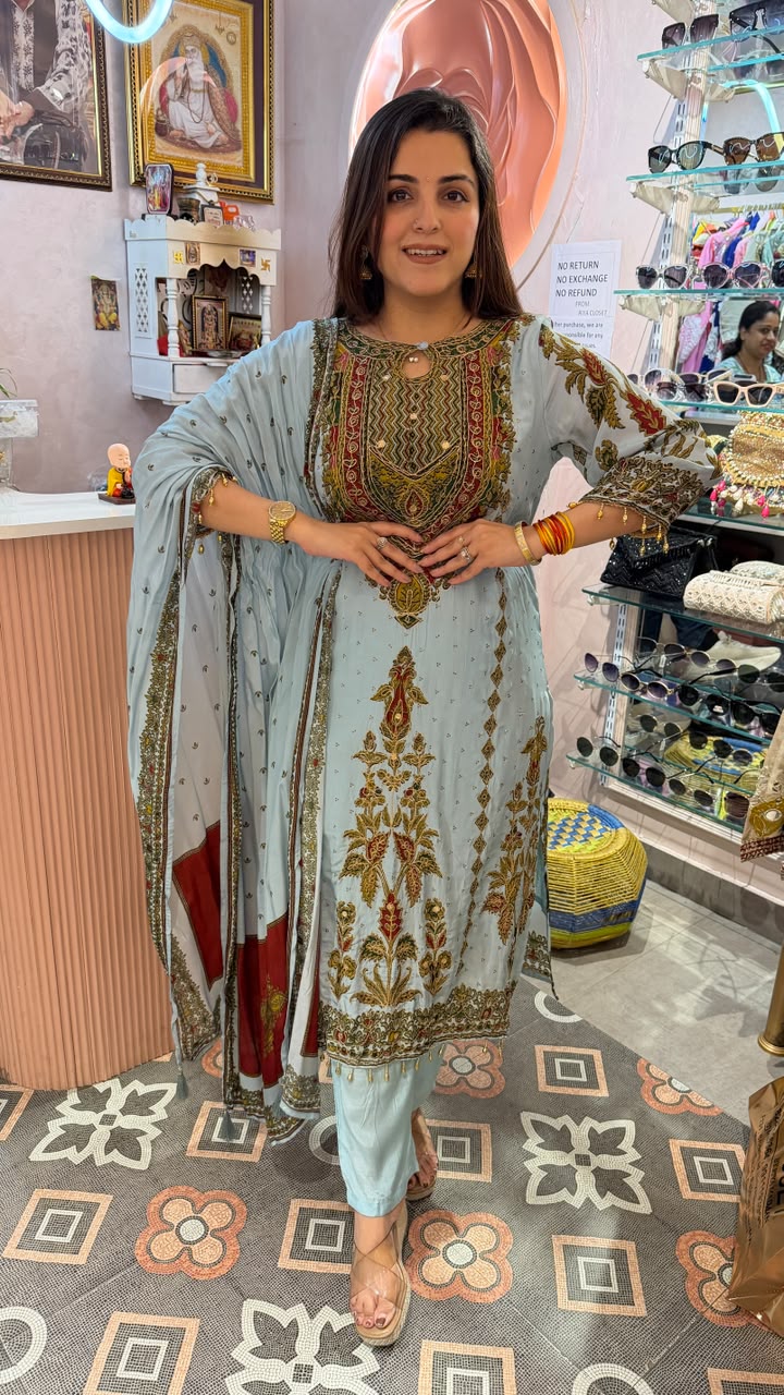 Rust Orange Printed & Embroidered Kurta Set with  Dupatta
