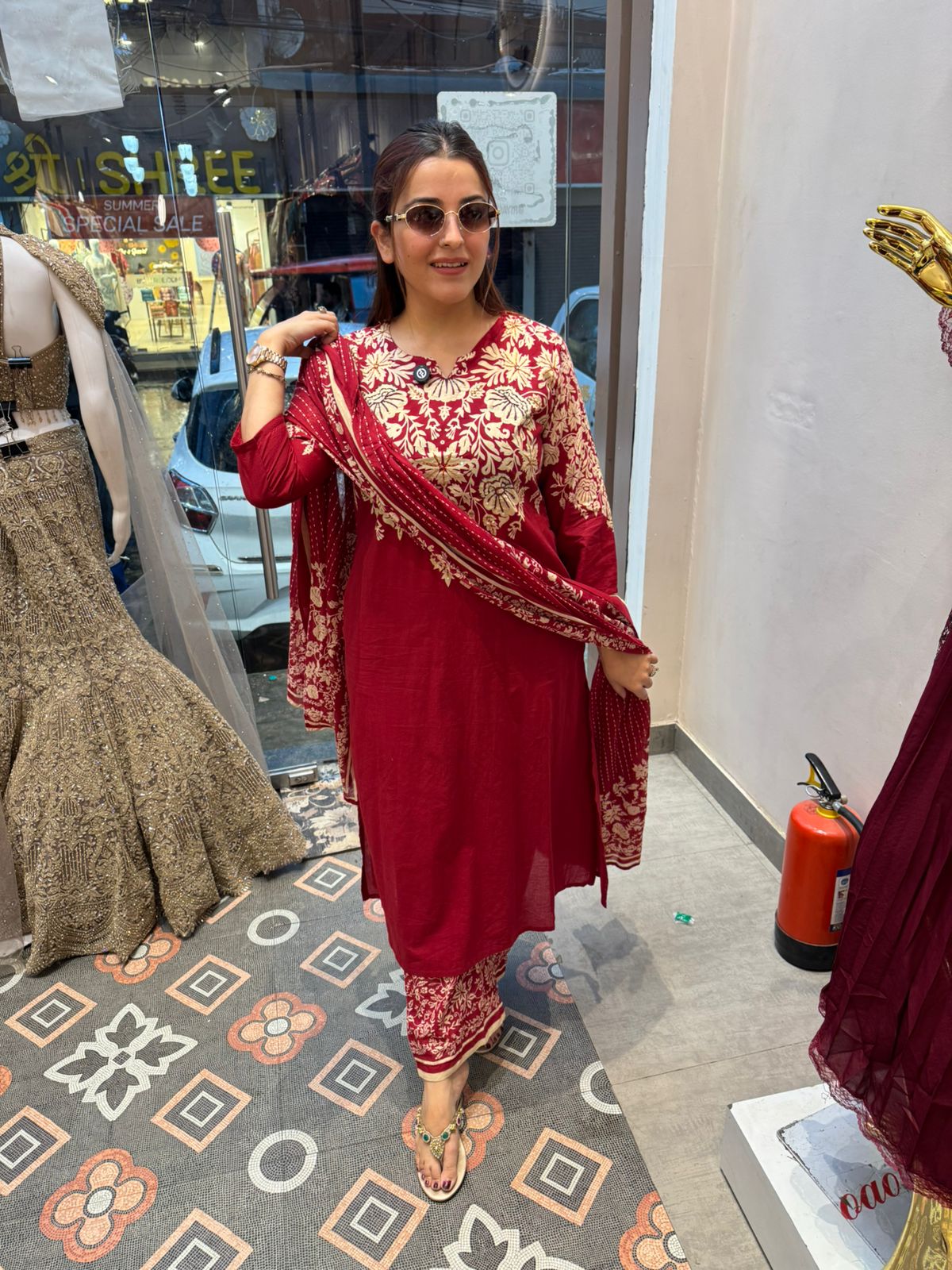 Gold Floral Printed Anarkali Suit Set