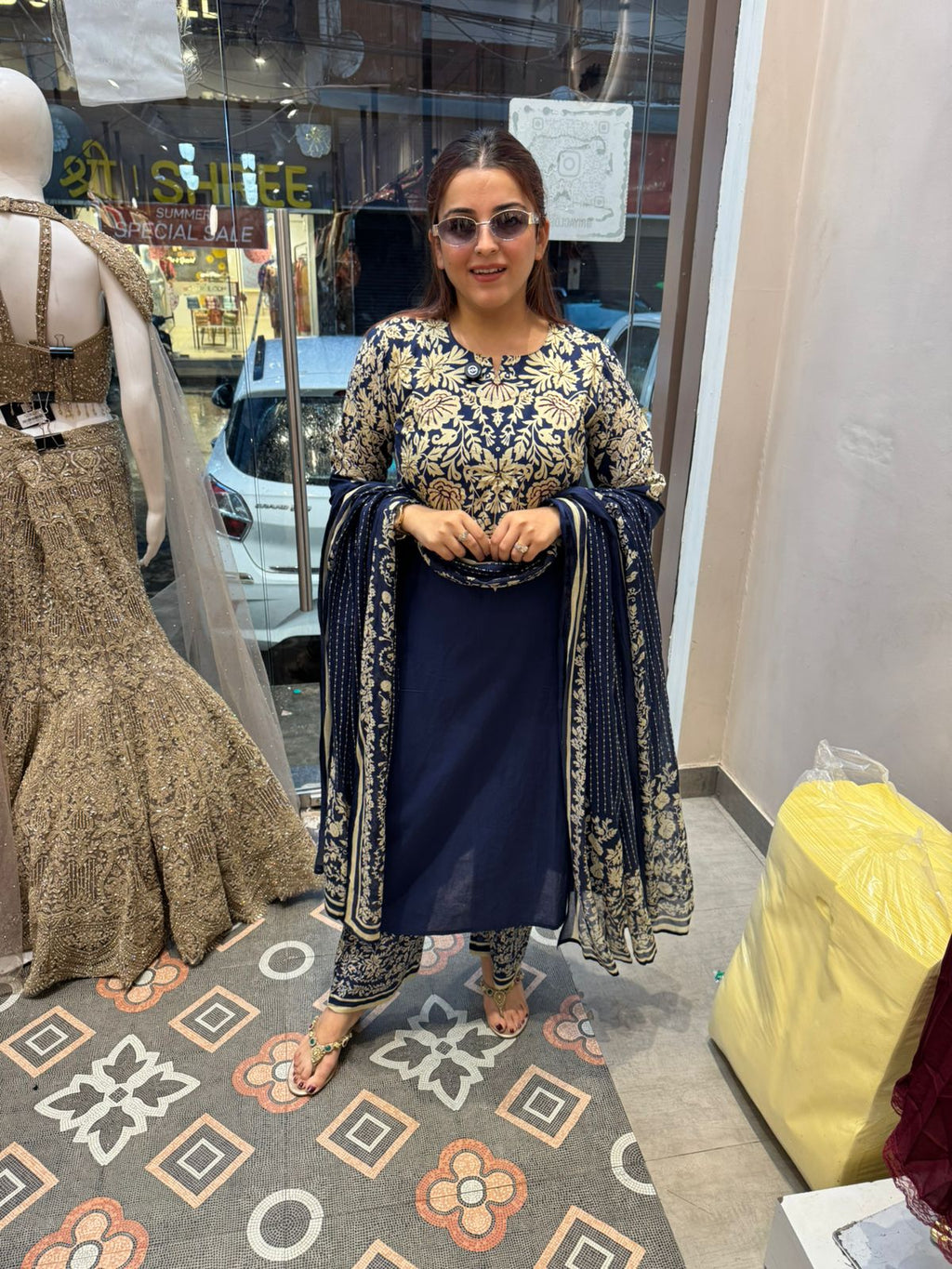 Gold Floral Printed Anarkali Suit Set