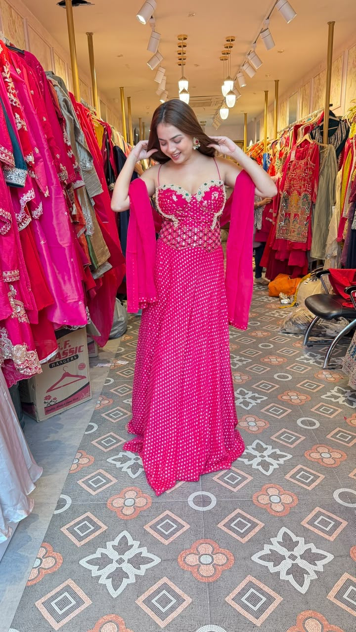 Hot Pink Polka Dot Indo-Western Embellished Gown