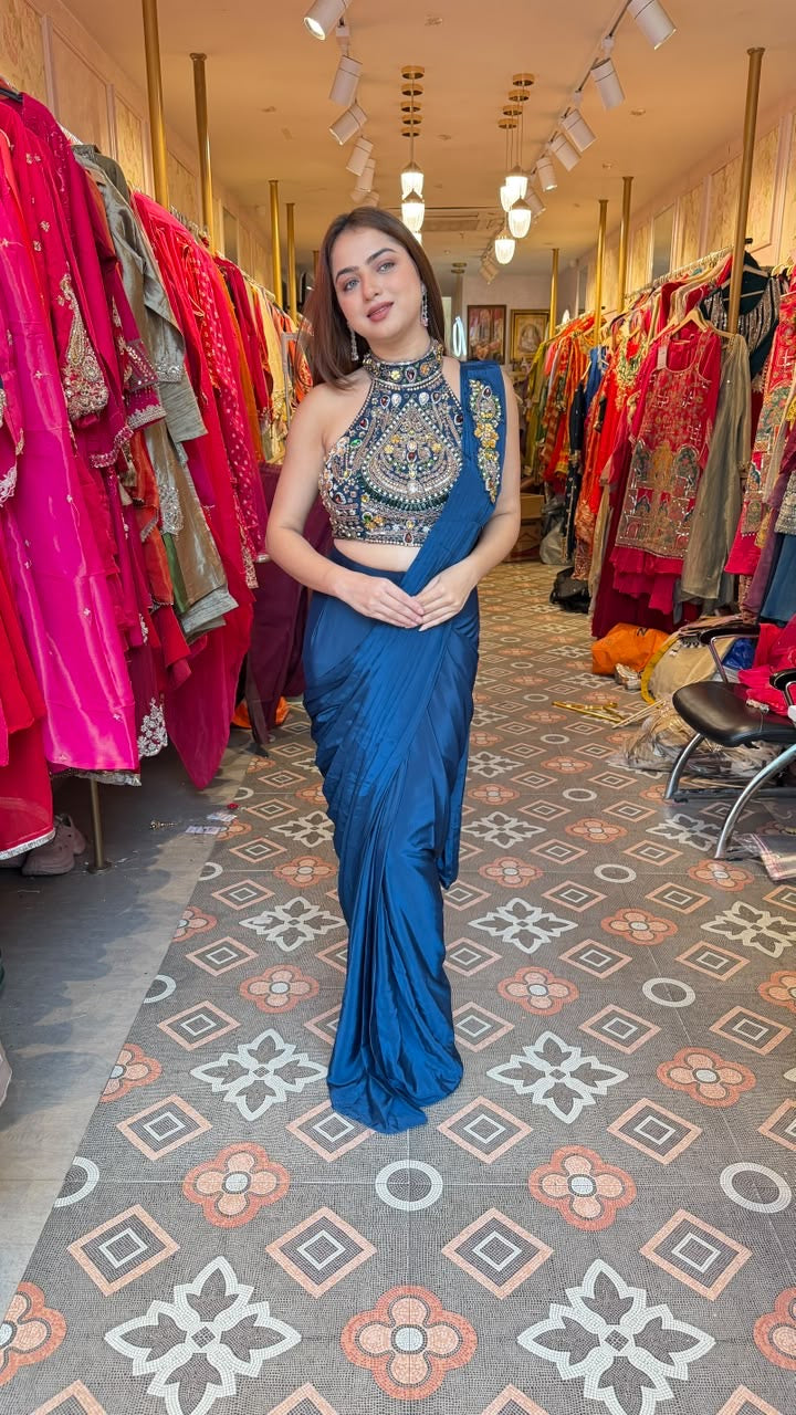 Pre-Draped Saree with Embellished Halter-Neck Blouse