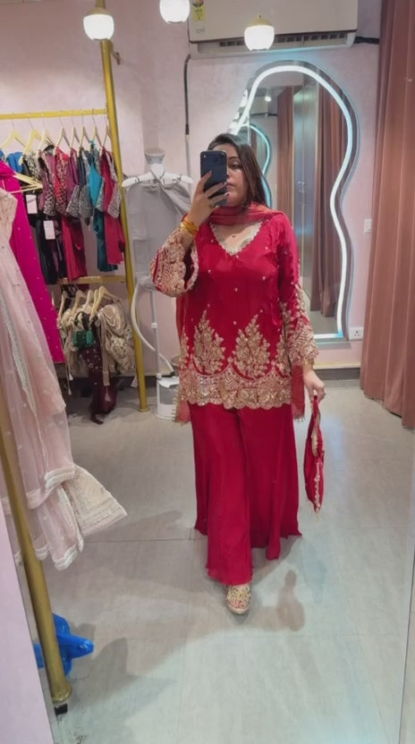 Red Embroidered Straight Kurta with Palazzo Pants & Dupatta Set