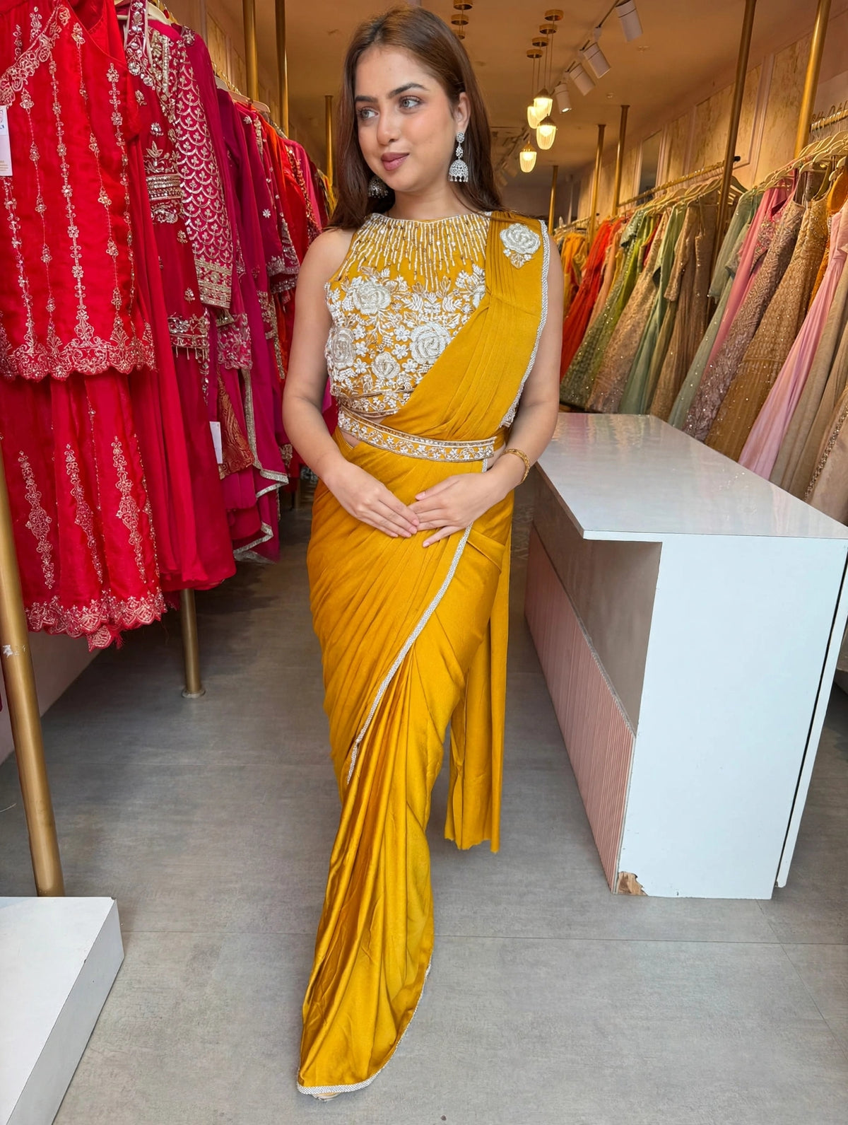 Royal  Pre-Draped Saree with Silver Embroidered Blouse
