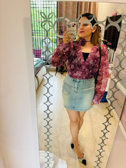 Stylish back knot top with neck floral & Denim Skirt