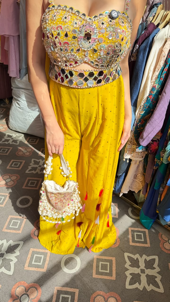Yellow Mirror-Work Crop Top & Palazzo Sharara Set