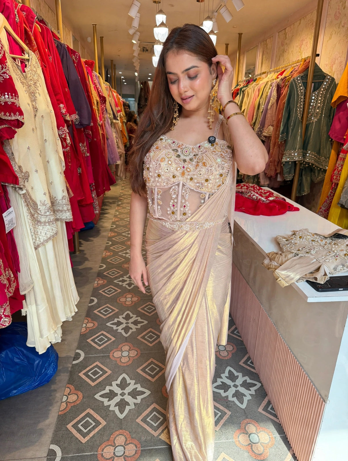 Gold Pre-Draped Saree with Embellished blouse