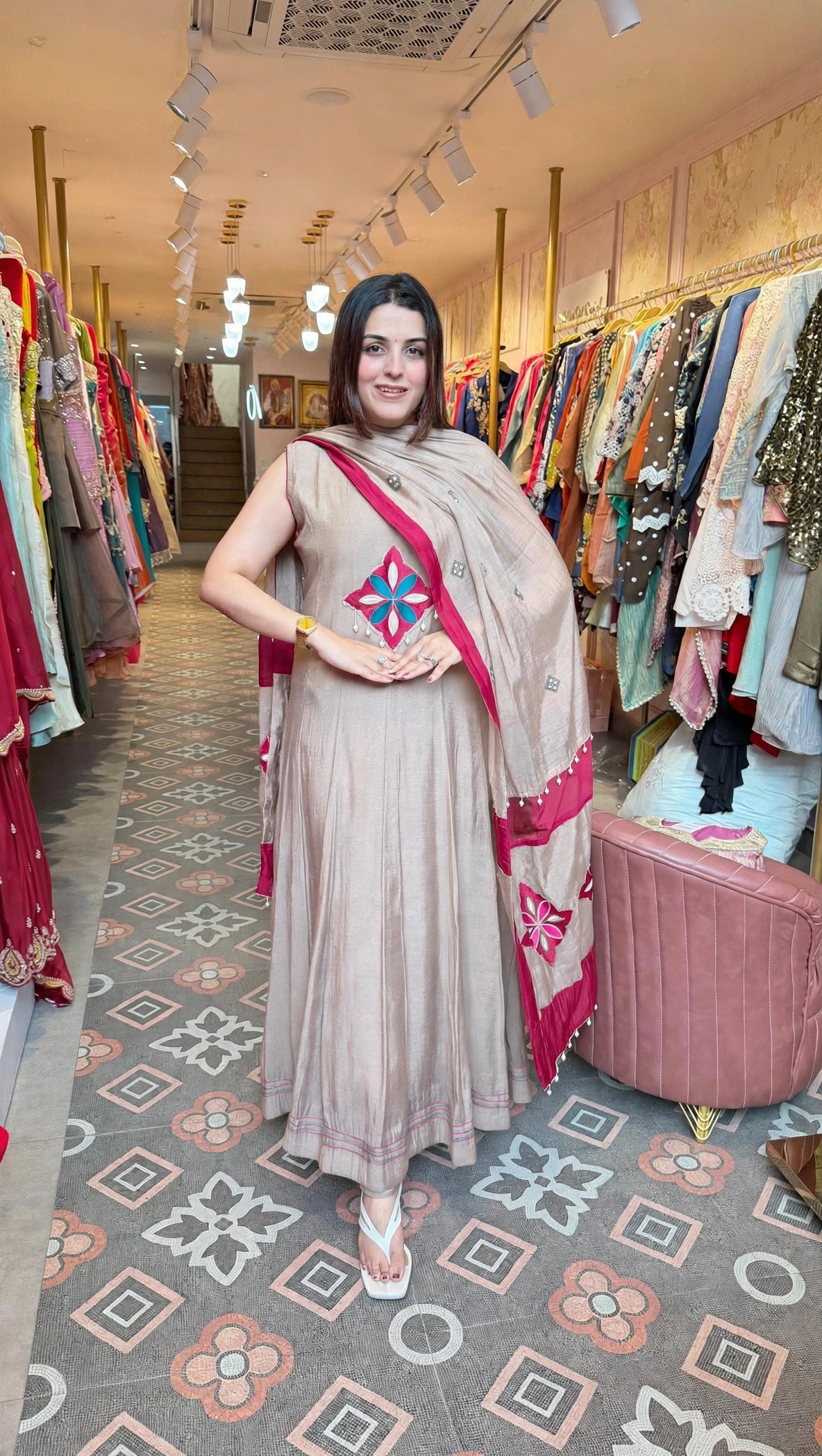 Anarkali Kurta with Appliqué Motif & Contrast Dupatta