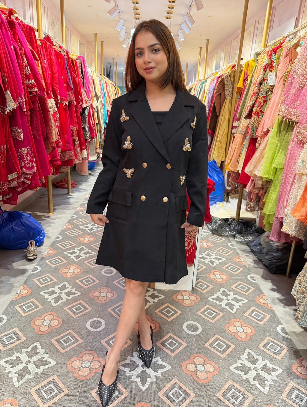 Taupe Embellished Double-Breasted Blazer Coat