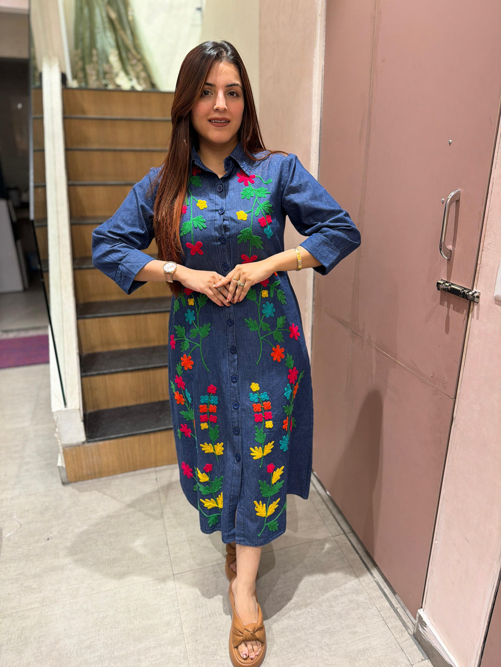 Bloom Denim Embroidered Dress