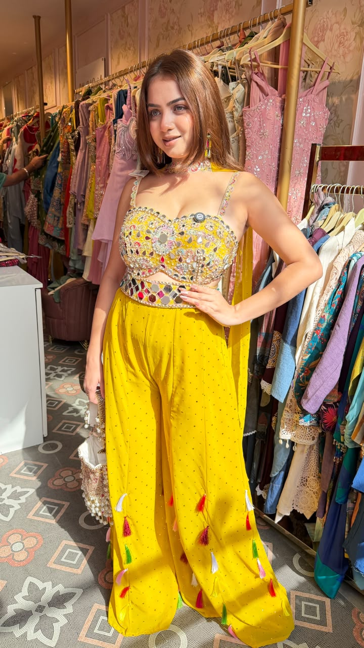 Yellow Mirror-Work Crop Top & Palazzo Sharara Set