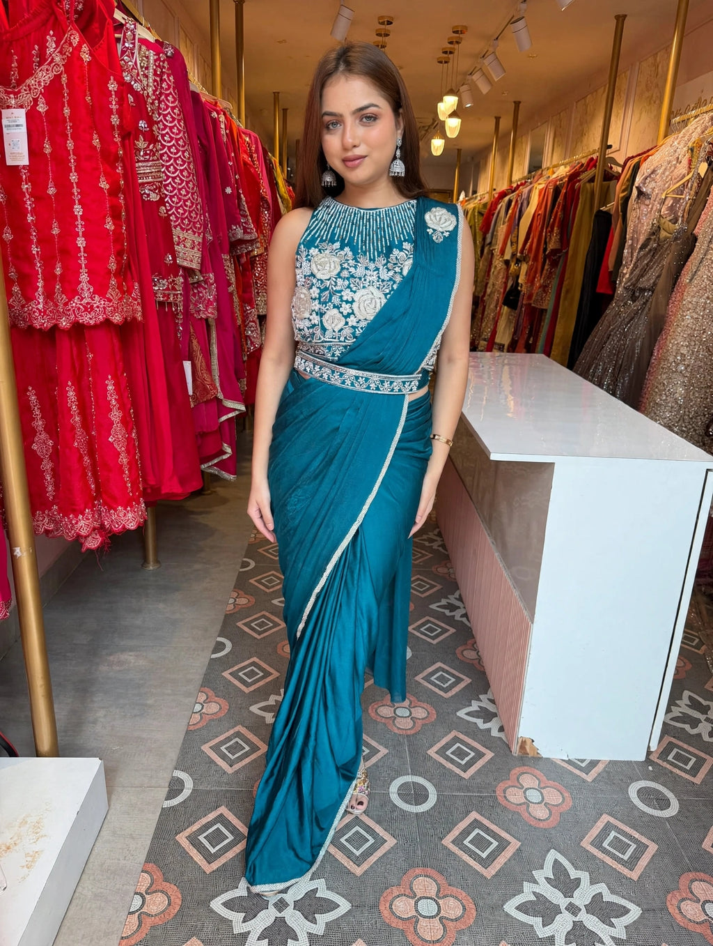 Royal  Pre-Draped Saree with Silver Embroidered Blouse