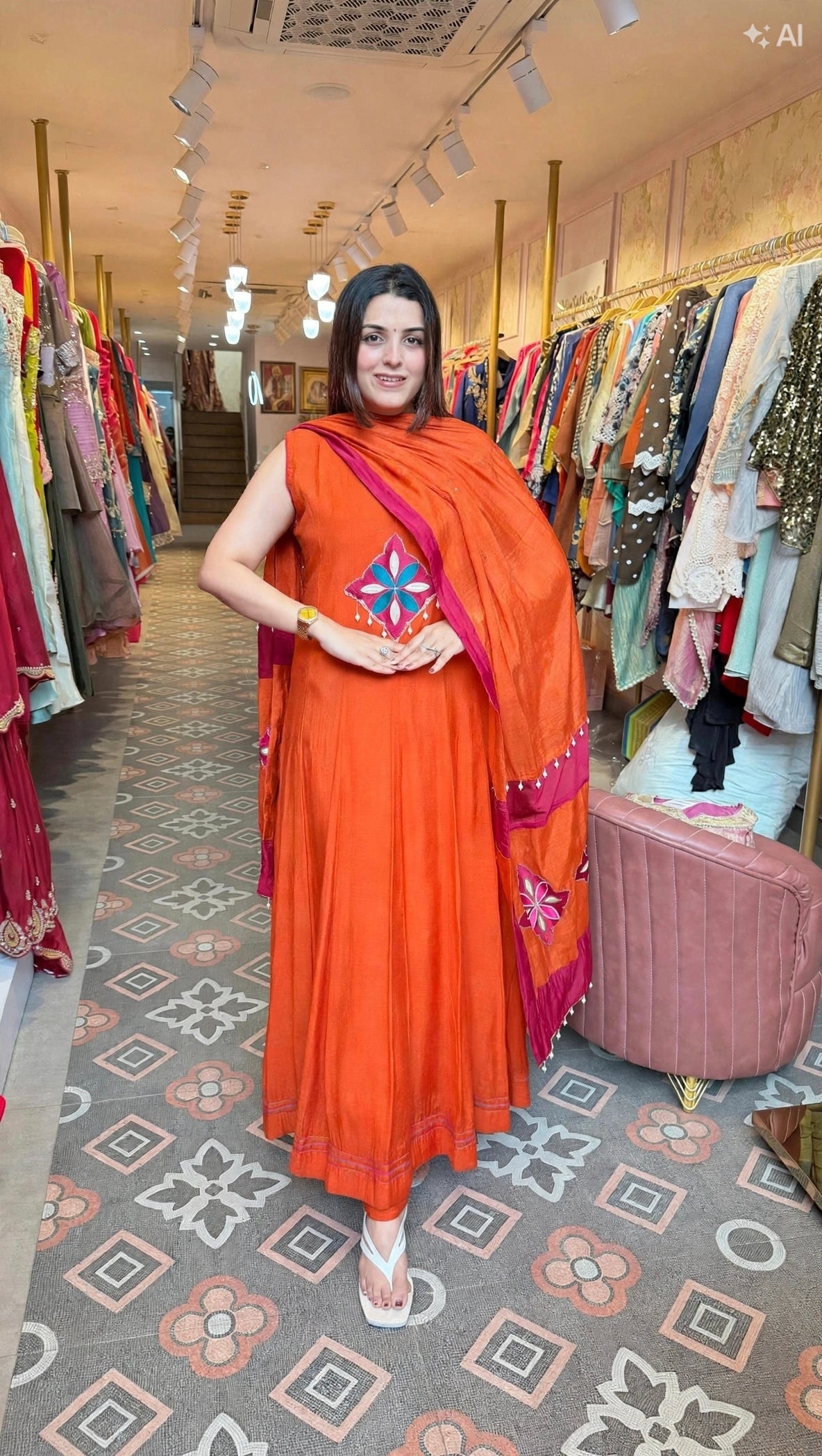 Anarkali Kurta with Appliqué Motif & Contrast Dupatta