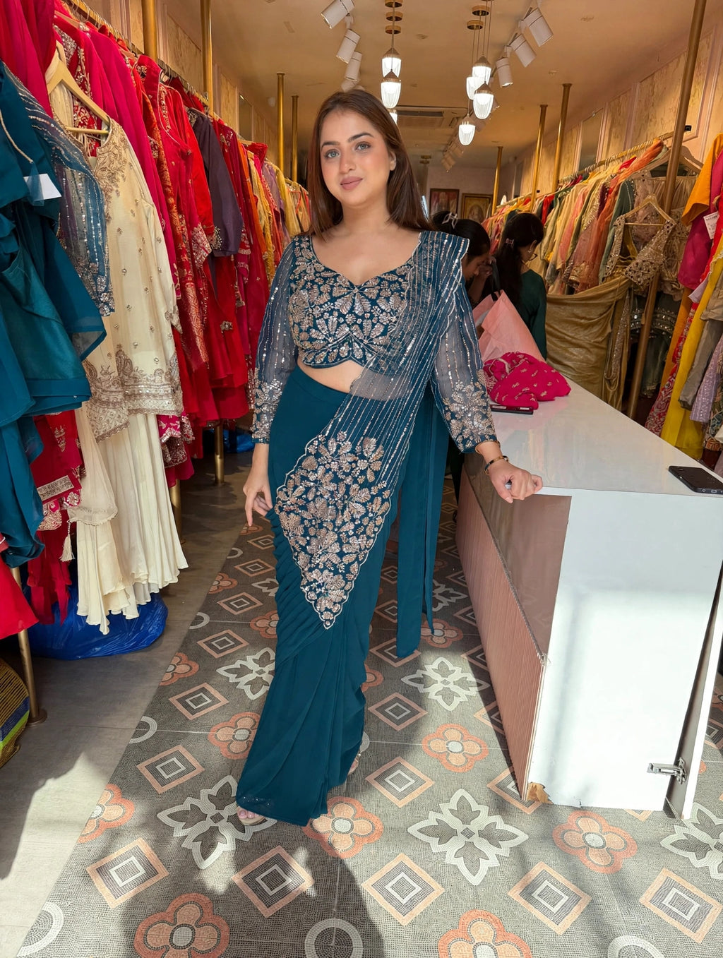 Embroidered Designer pre-draped saree