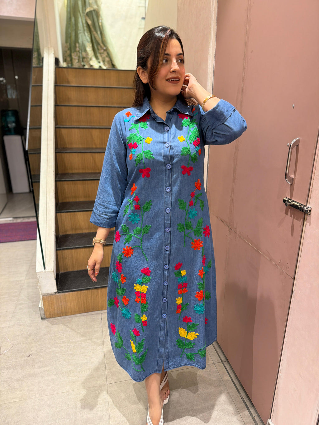 Bloom Denim Embroidered Dress