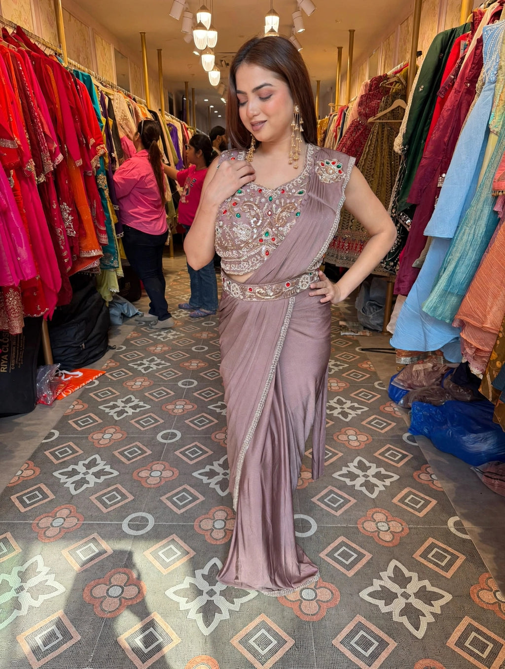 Pastel Pink Pre-Draped Saree with Embellished Sleeveless Blouse