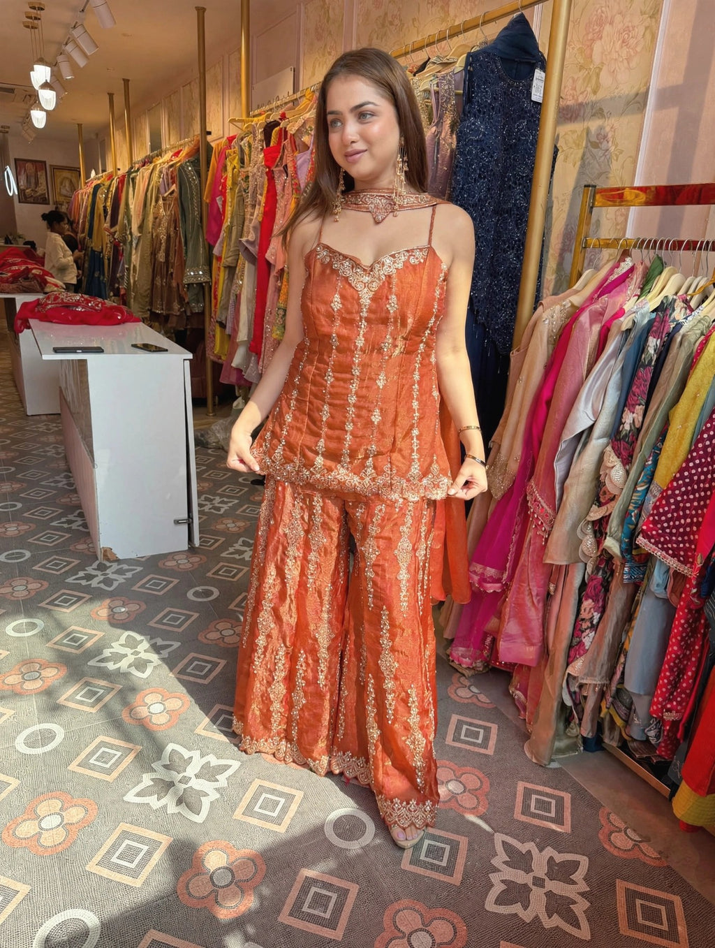 Red Embroidered Sharara Suit with Sleeveless Peplum Top