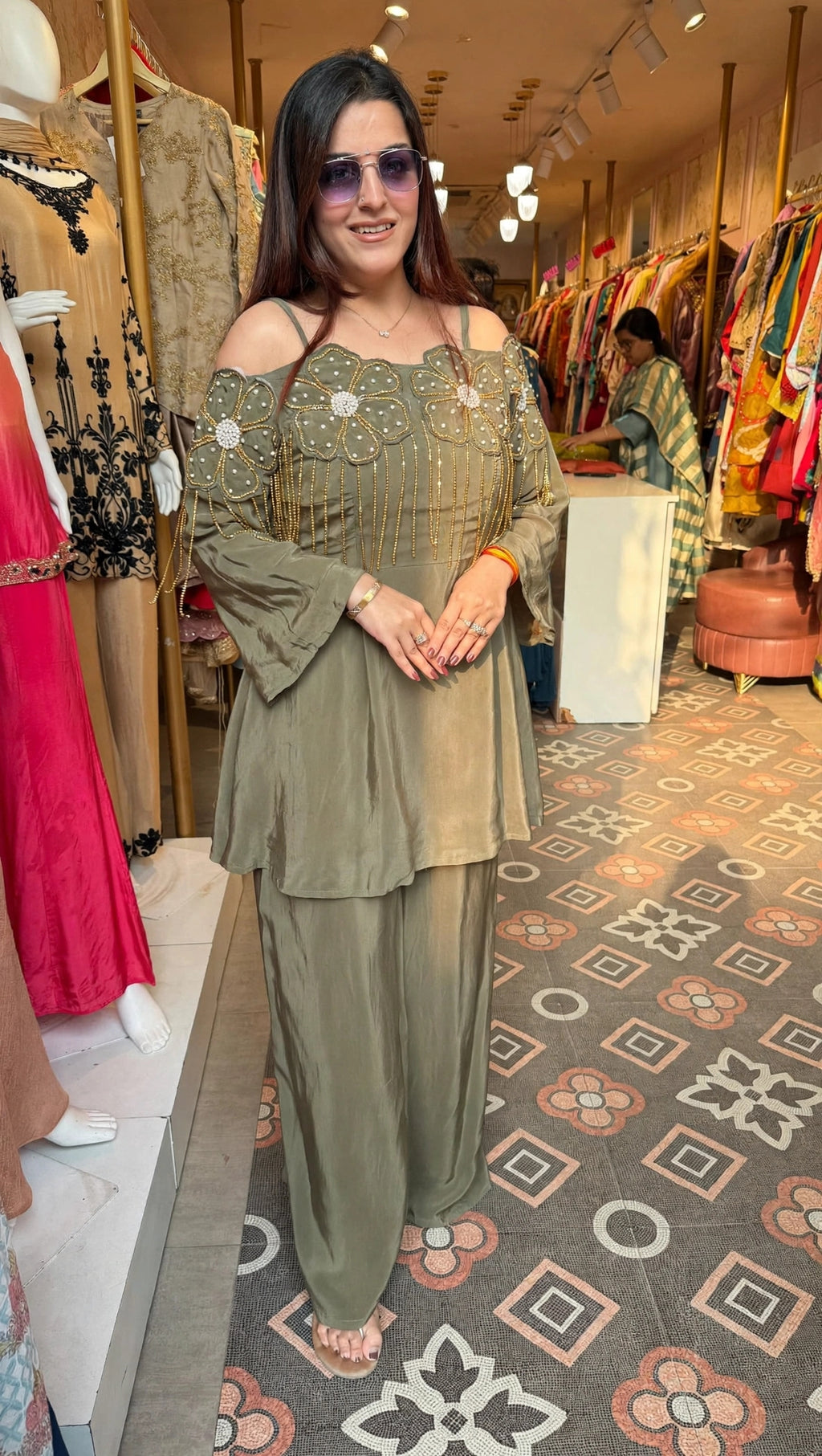 Off-Shoulder Embellished Peplum Sharara Set