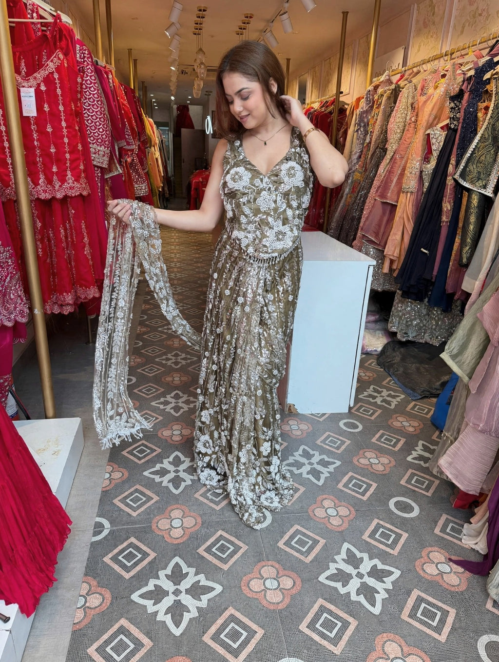 Luxury Champagne Gold Embellished Mermaid Gown with Sheer Dupatta