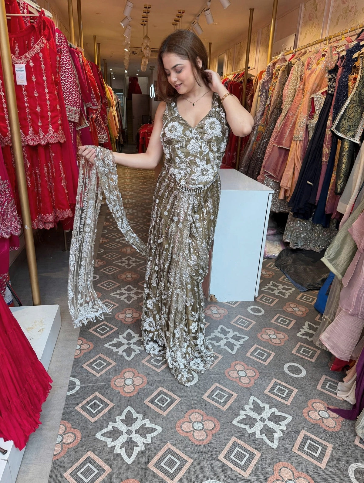 Luxury Champagne Gold Embellished Mermaid Gown with Sheer Dupatta