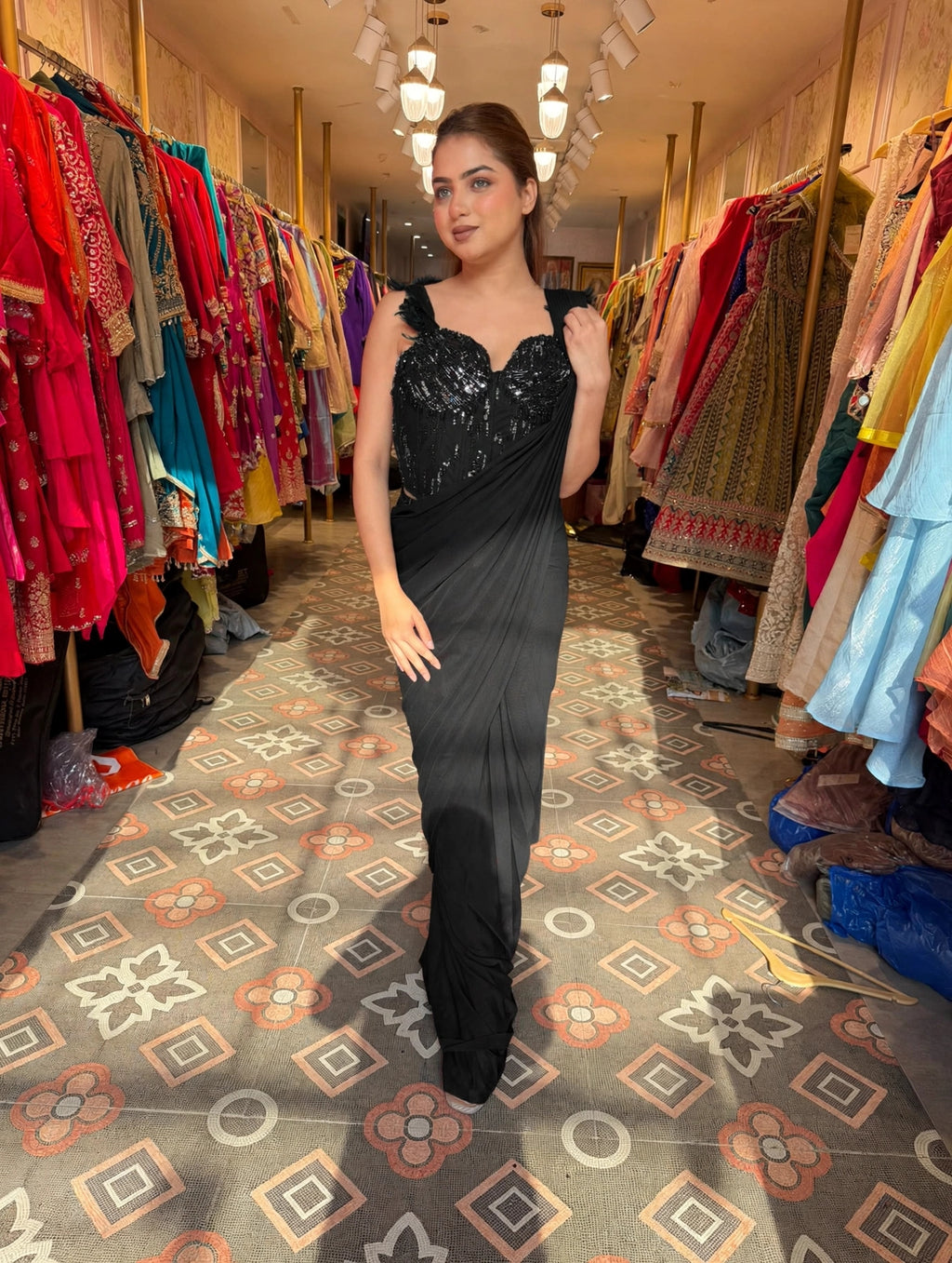 Glamorous Wine Draped Saree Gown with Embellished Corset Blouse
