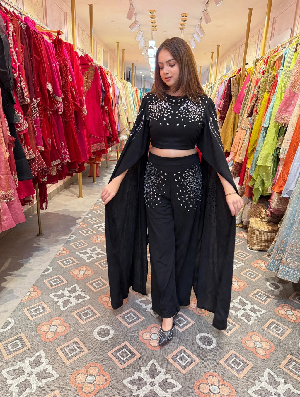 Stylish Embroidered Crop Top with Pant & Cape Indo-Western Co-Ord Set